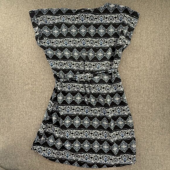 Hippie Rose Dress Tribal Boho Print Waist Tie Medium Cuffed Short Sleeves Lightw - Picture 10 of 11